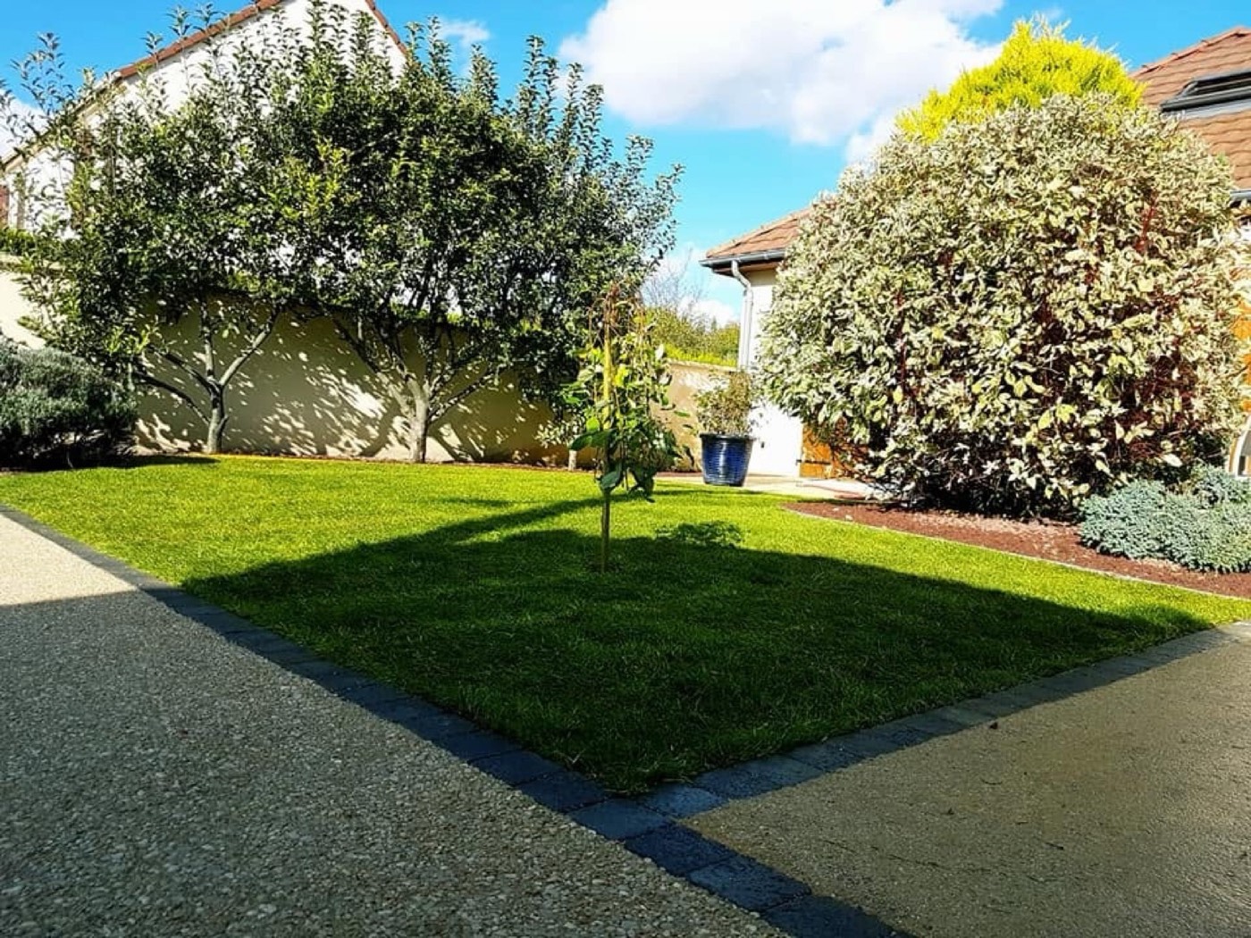 Pelouse fraîchement tondue et entretenue avec allée dallée