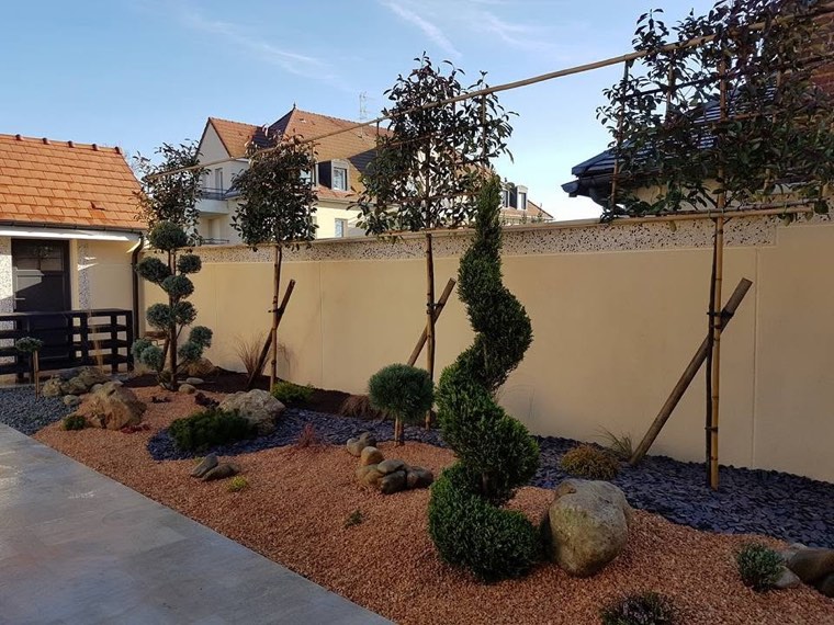 Massif de topiaires le long d'un mur